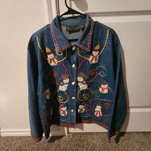 90's New Direction Denim Jacket Snowman Embroidery Christmas Holiday Women XL